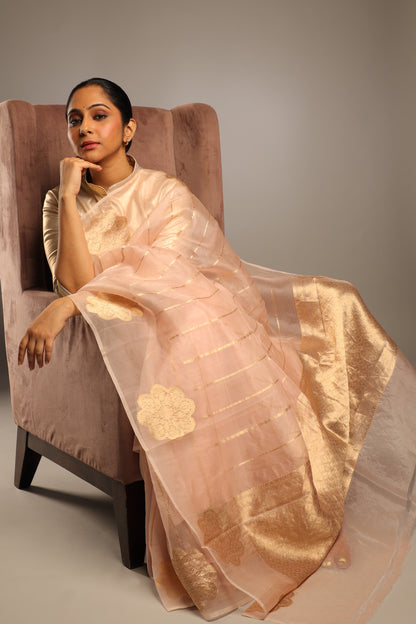 Pure Katan Tissue Blush Pink Saree with Unusual Muted Gold Kadwa Motifs