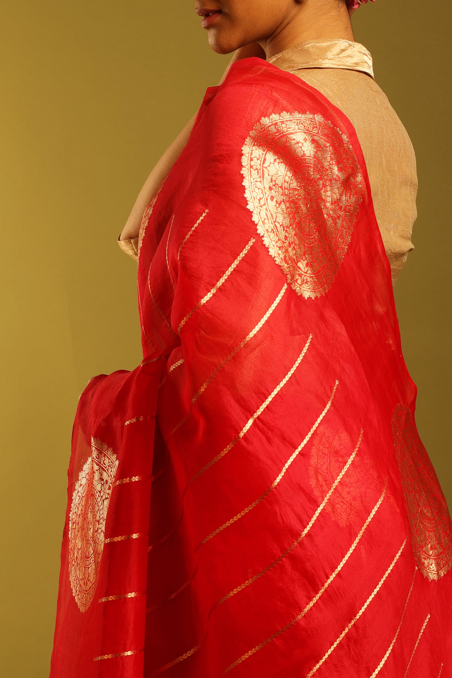 Vibrant Candy Red Katan Tissue with Gold Kadwa Motif