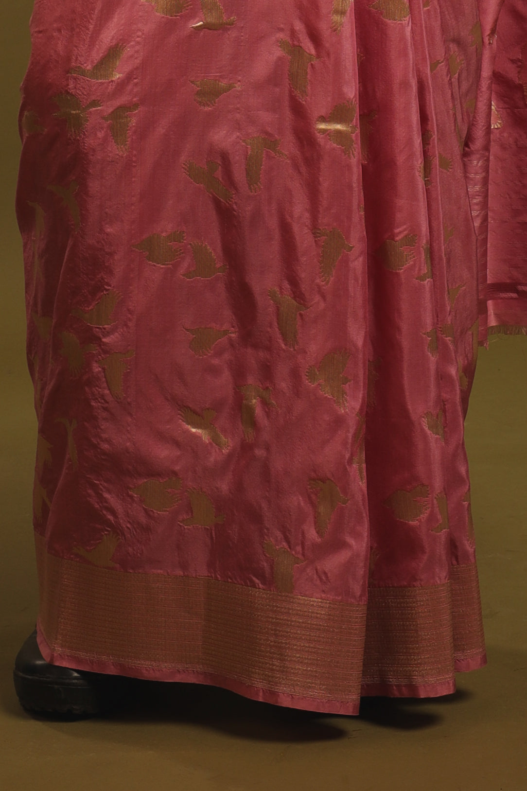 A Soft Vintage Rose Pink With Muted Golden Bird Motifs