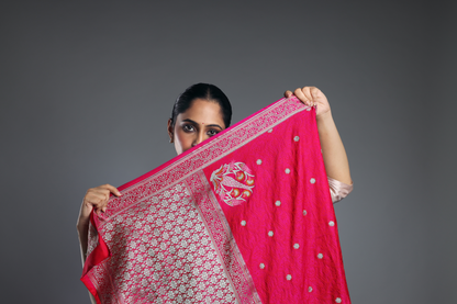 Luxurious Rani Pink Silk Saree with Minakari Konia Work and Rare Silver Pallu