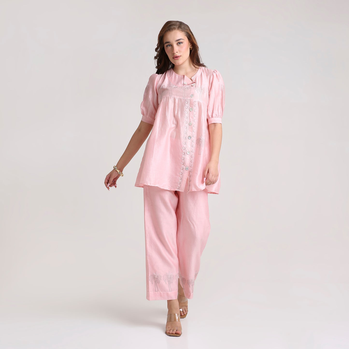Chikankari Angarkha Co ord in Blush Silk with Green  embroidery