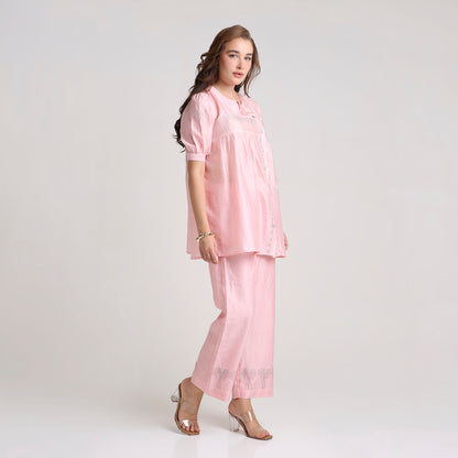 Chikankari Angarkha Co ord in Blush Silk with Green  embroidery