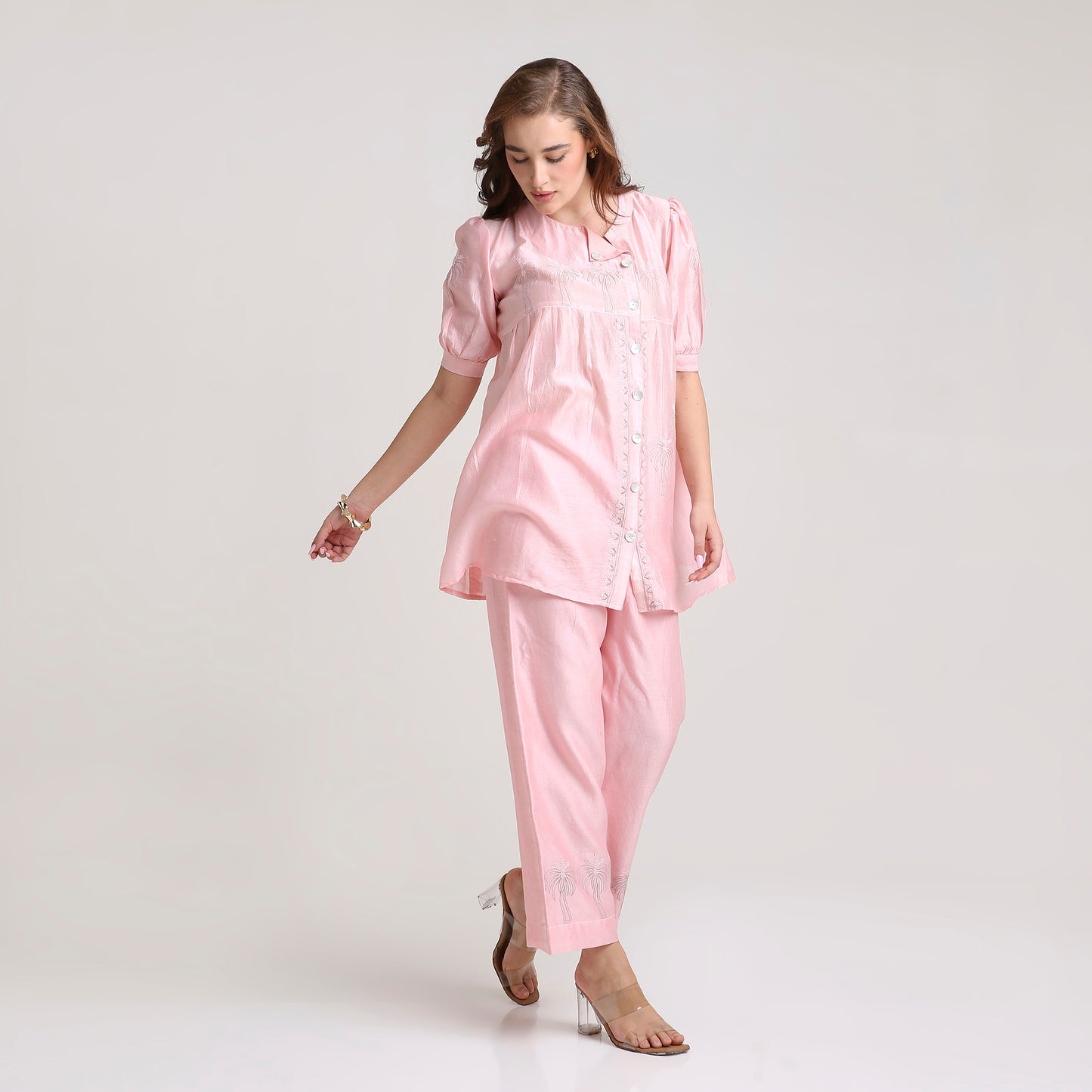 Chikankari Angarkha Co ord in Blush Silk with Green  embroidery
