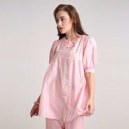 Chikankari Angarkha Co ord in Blush Silk with Green  embroidery