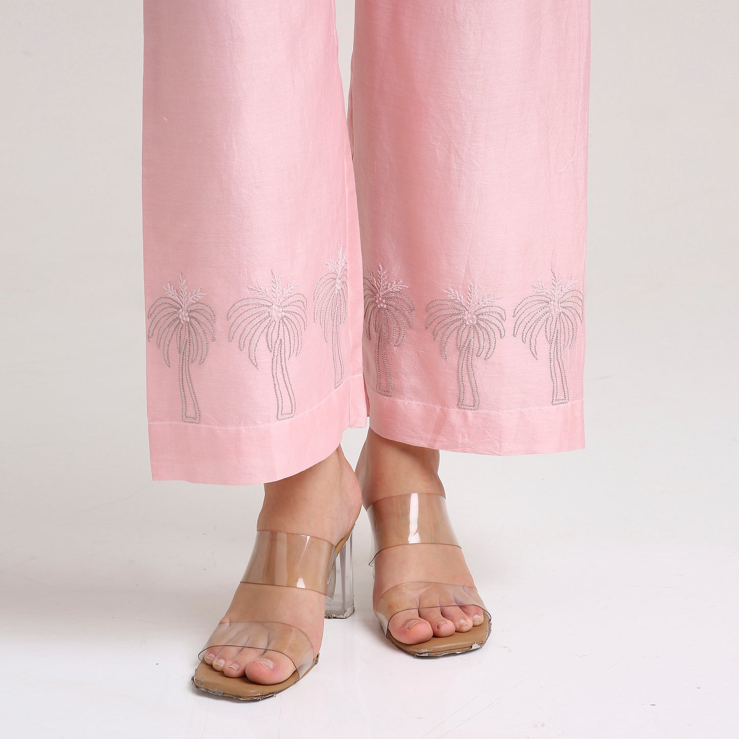 Chikankari Angarkha Co ord in Blush Silk with Green  embroidery