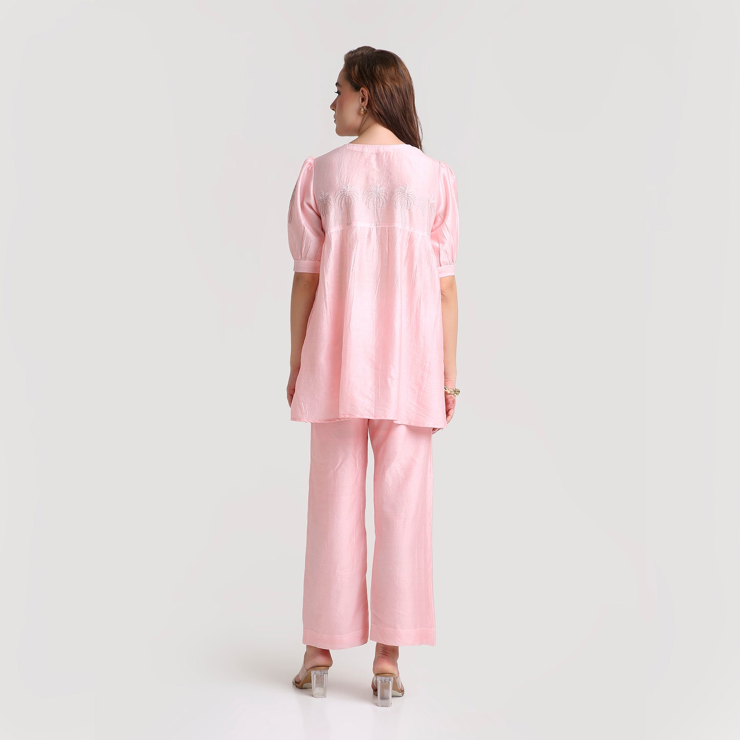 Chikankari Angarkha Co ord in Blush Silk with Green  embroidery