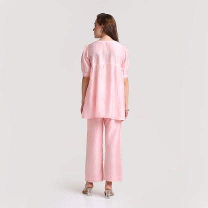 Chikankari Angarkha Co ord in Blush Silk with Green  embroidery