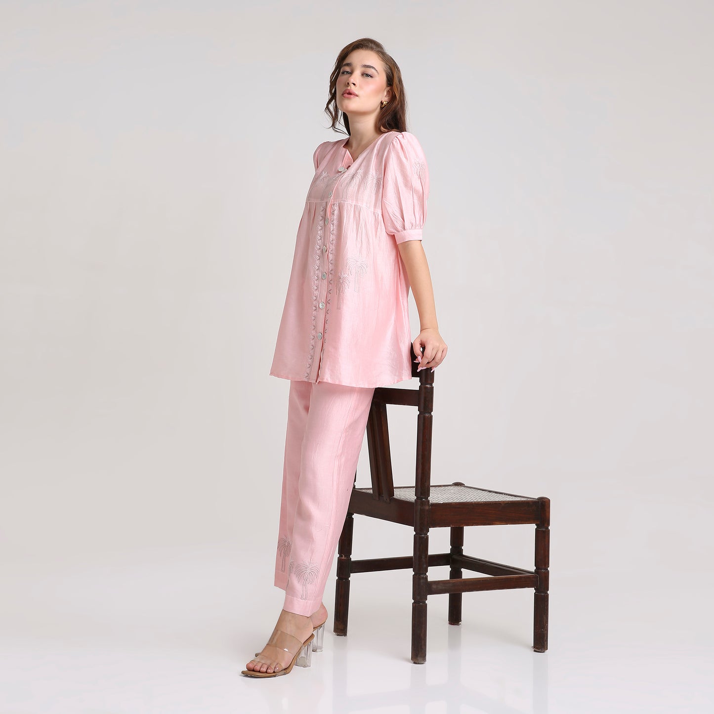 Chikankari Angarkha Co ord in Blush Silk with Green  embroidery
