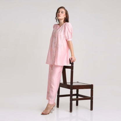 Chikankari Angarkha Co ord in Blush Silk with Green  embroidery