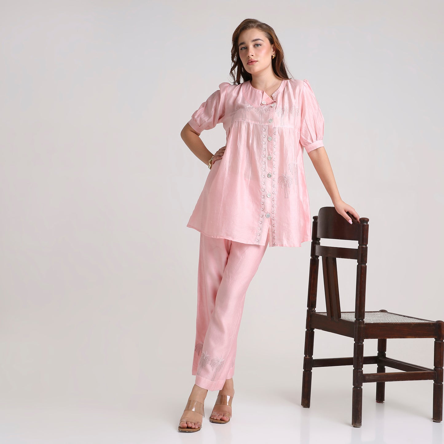 Chikankari Angarkha Co ord in Blush Silk with Green  embroidery