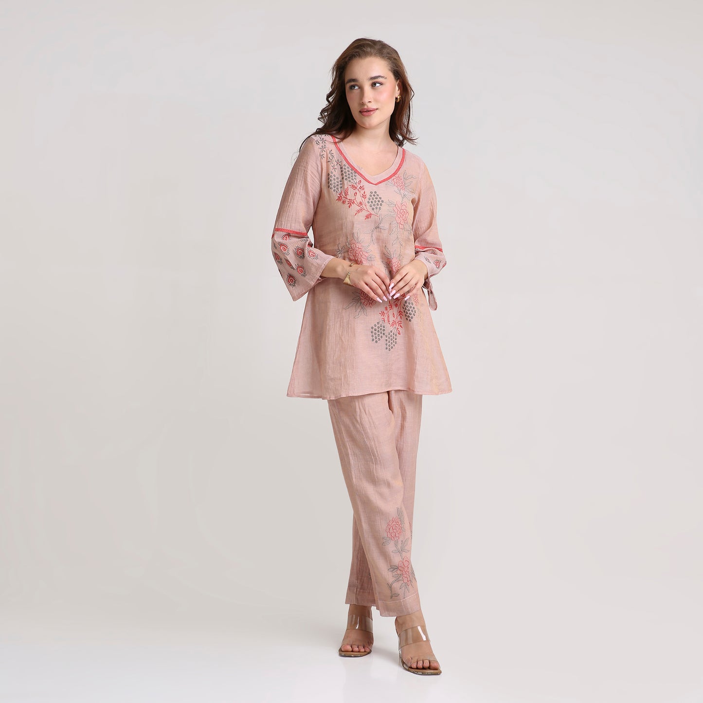 Chikankari Co ord in Blush Silk tissue with Red and Dusty Green embroidery