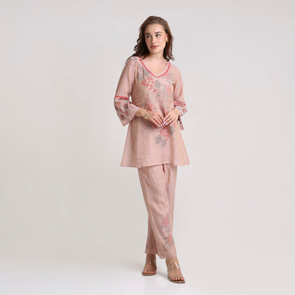 Chikankari Co ord in Blush Silk tissue with Red and Dusty Green embroidery