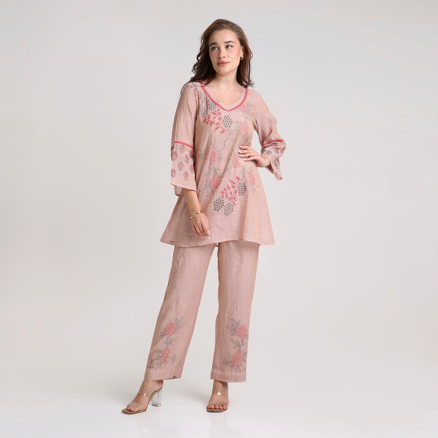Chikankari Co ord in Blush Silk tissue with Red and Dusty Green embroidery