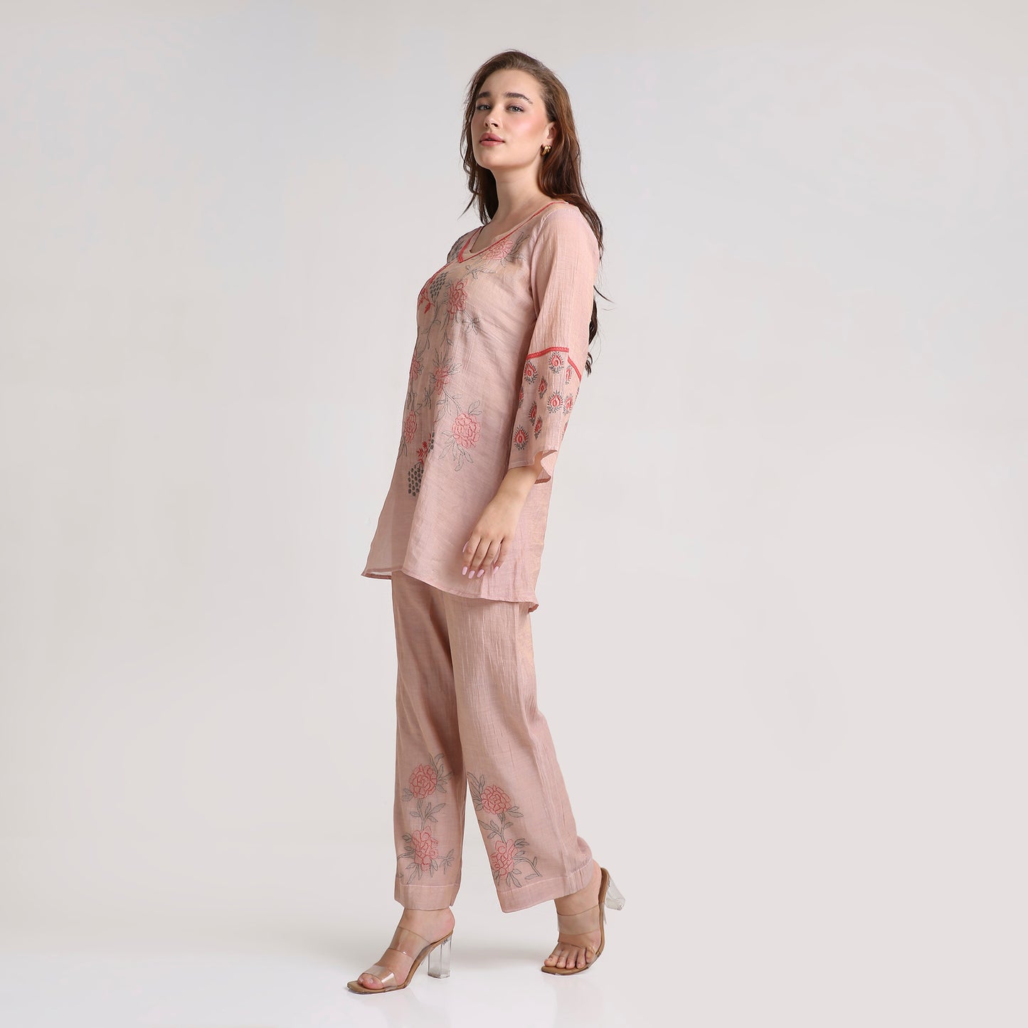 Chikankari Co ord in Blush Silk tissue with Red and Dusty Green embroidery