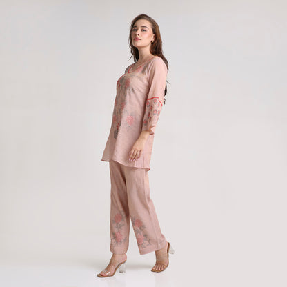Chikankari Co ord in Blush Silk tissue with Red and Dusty Green embroidery