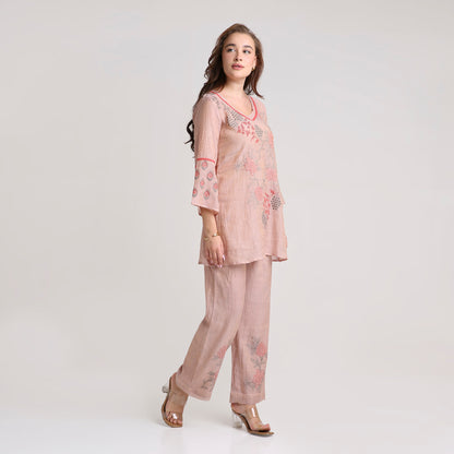 Chikankari Co ord in Blush Silk tissue with Red and Dusty Green embroidery
