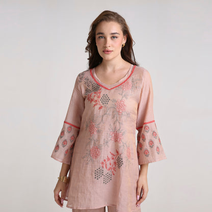 Chikankari Co ord in Blush Silk tissue with Red and Dusty Green embroidery