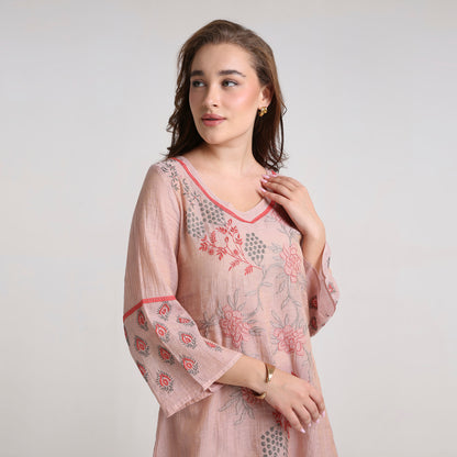 Chikankari Co ord in Blush Silk tissue with Red and Dusty Green embroidery