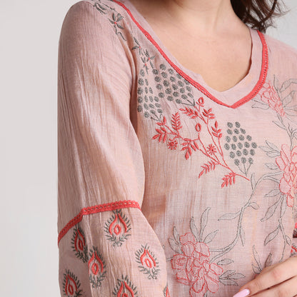 Chikankari Co ord in Blush Silk tissue with Red and Dusty Green embroidery