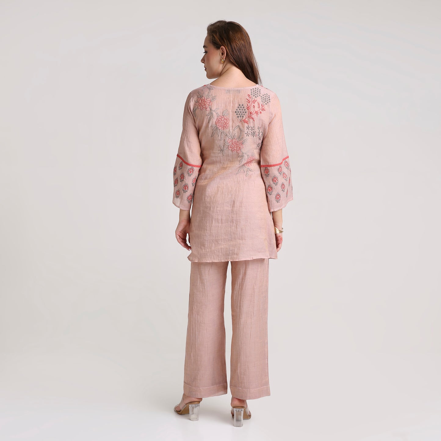 Chikankari Co ord in Blush Silk tissue with Red and Dusty Green embroidery