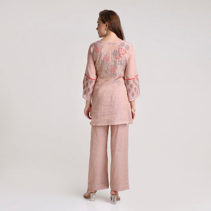 Chikankari Co ord in Blush Silk tissue with Red and Dusty Green embroidery