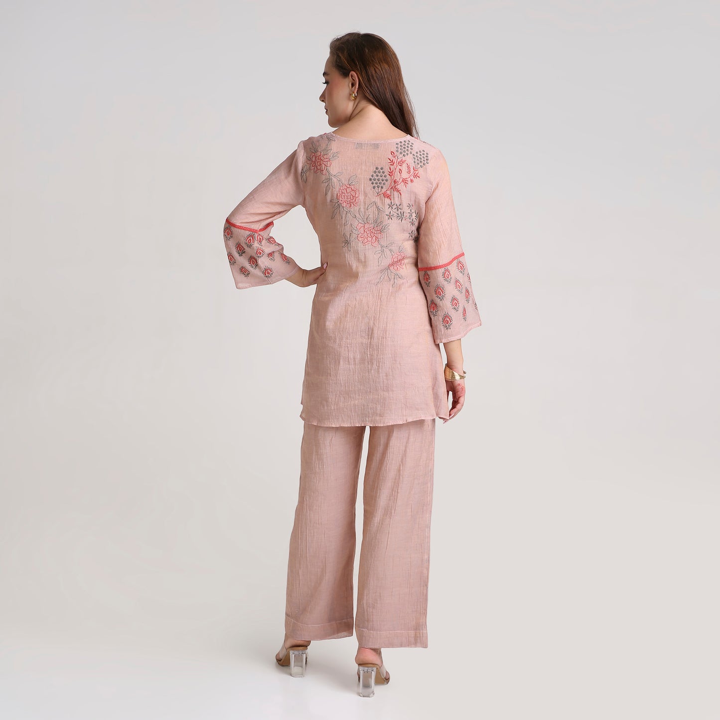 Chikankari Co ord in Blush Silk tissue with Red and Dusty Green embroidery