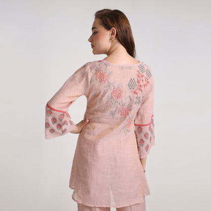 Chikankari Co ord in Blush Silk tissue with Red and Dusty Green embroidery