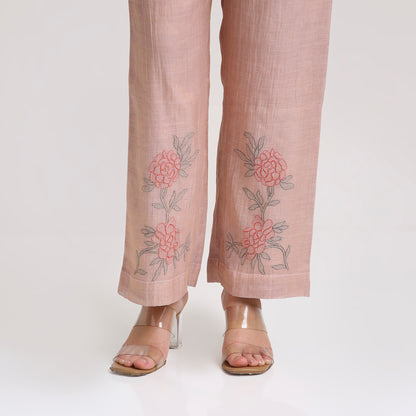 Chikankari Co ord in Blush Silk tissue with Red and Dusty Green embroidery