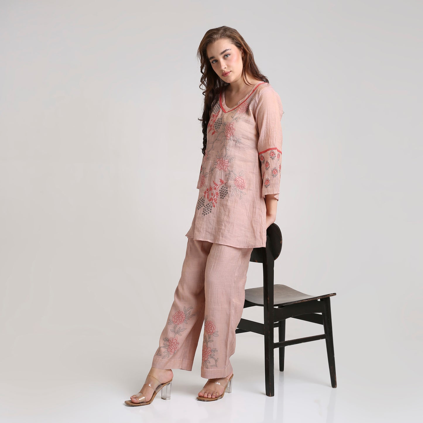 Chikankari Co ord in Blush Silk tissue with Red and Dusty Green embroidery