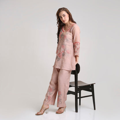 Chikankari Co ord in Blush Silk tissue with Red and Dusty Green embroidery