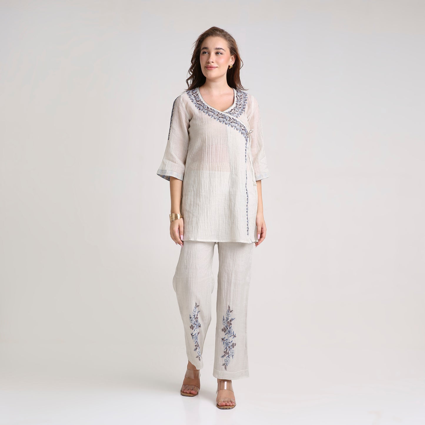 Chikankari Angarkha Co ord in Silver Silk tissue with Blue and Maroon embroidery