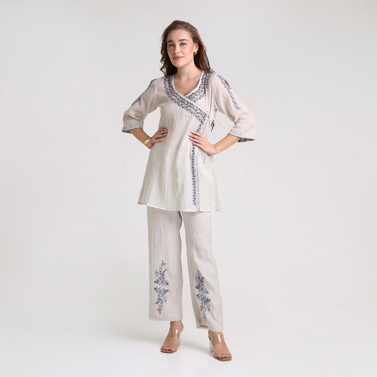 Chikankari Angarkha Co ord in Silver Silk tissue with Blue and Maroon embroidery