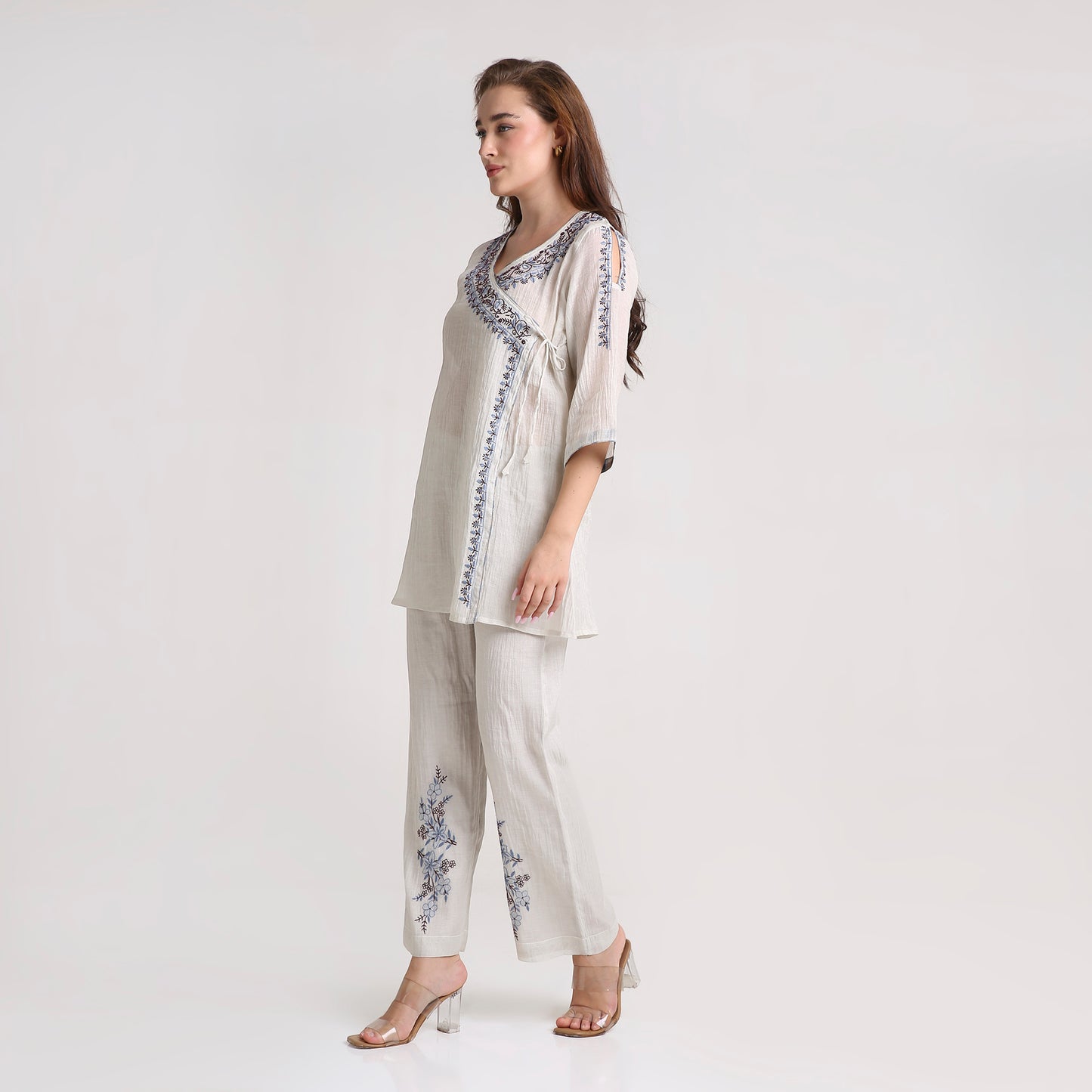 Chikankari Angarkha Co ord in Silver Silk tissue with Blue and Maroon embroidery