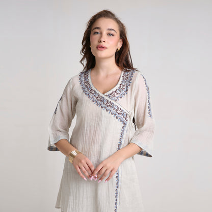 Chikankari Angarkha Co ord in Silver Silk tissue with Blue and Maroon embroidery