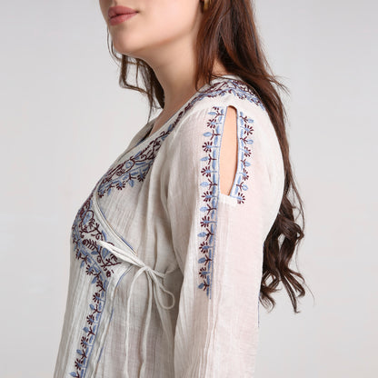 Chikankari Angarkha Co ord in Silver Silk tissue with Blue and Maroon embroidery