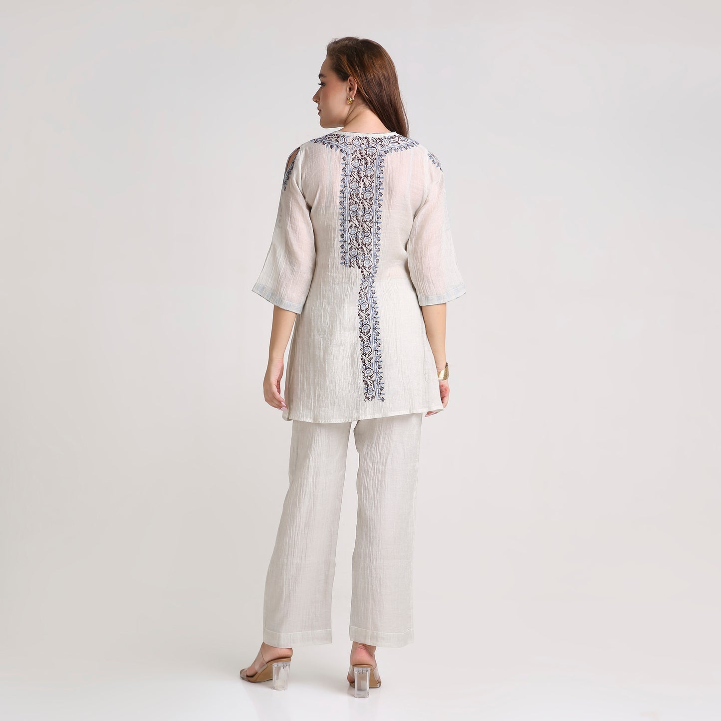 Chikankari Angarkha Co ord in Silver Silk tissue with Blue and Maroon embroidery
