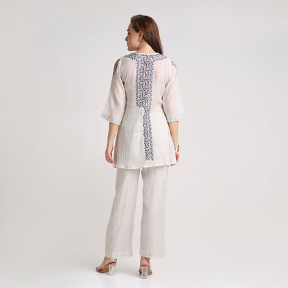 Chikankari Angarkha Co ord in Silver Silk tissue with Blue and Maroon embroidery