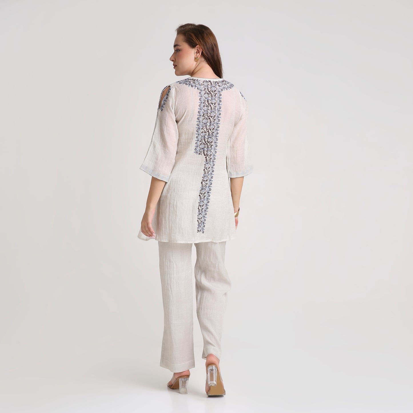Chikankari Angarkha Co ord in Silver Silk tissue with Blue and Maroon embroidery