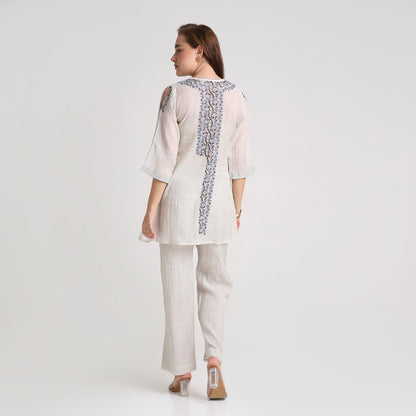 Chikankari Angarkha Co ord in Silver Silk tissue with Blue and Maroon embroidery