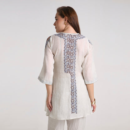 Chikankari Angarkha Co ord in Silver Silk tissue with Blue and Maroon embroidery