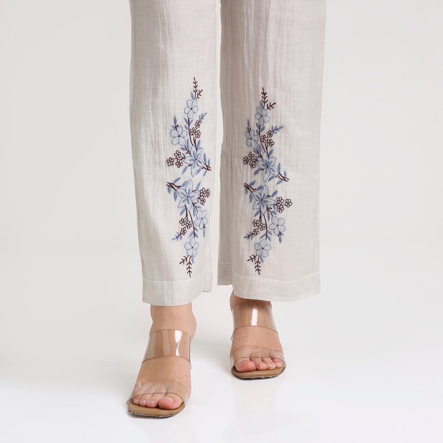 Chikankari Angarkha Co ord in Silver Silk tissue with Blue and Maroon embroidery