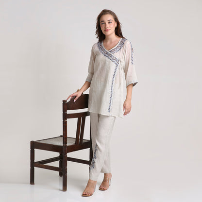 Chikankari Angarkha Co ord in Silver Silk tissue with Blue and Maroon embroidery