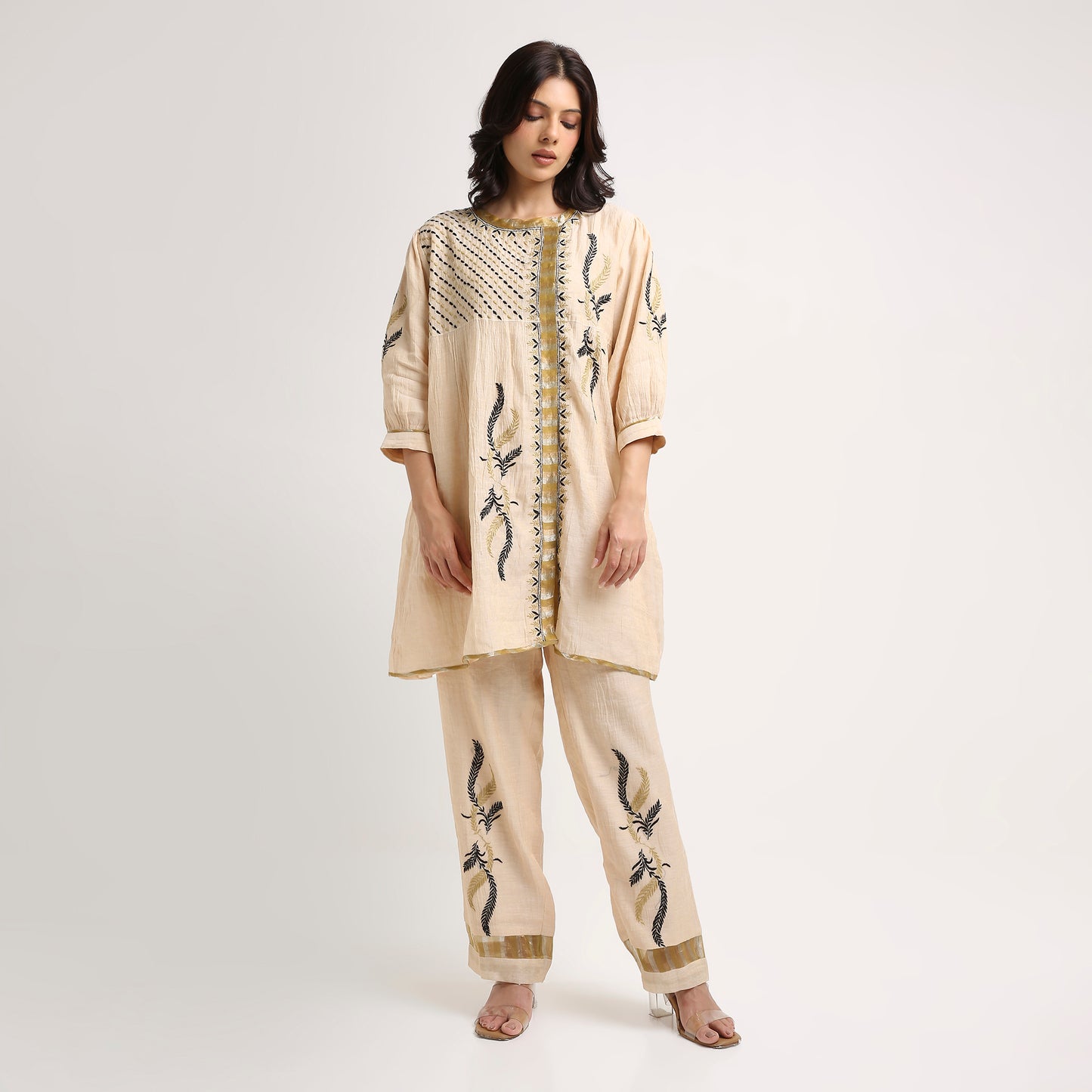 Chikankari Co ord in Champagne Tissue with Moss Green n Black embroidery