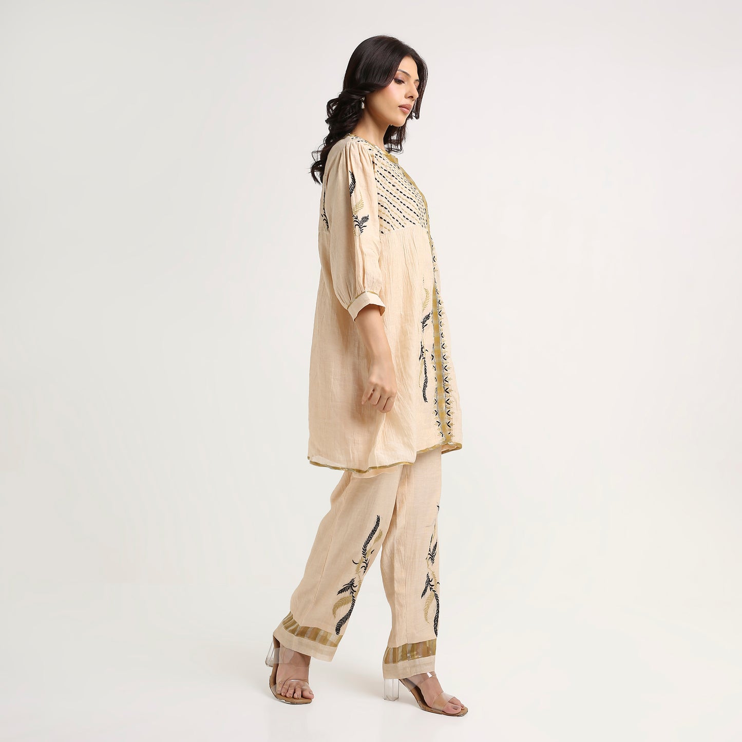 Chikankari Co ord in Champagne Tissue with Moss Green n Black embroidery