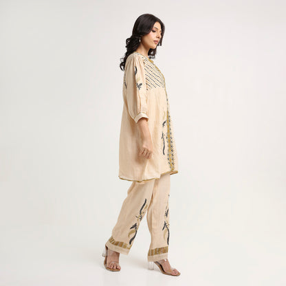 Chikankari Co ord in Champagne Tissue with Moss Green n Black embroidery