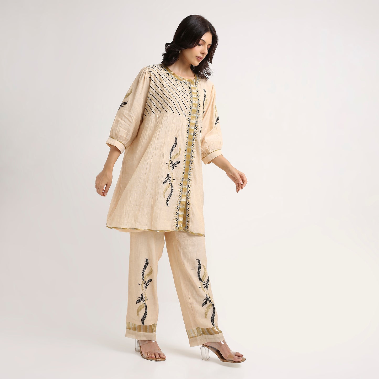 Chikankari Co ord in Champagne Tissue with Moss Green n Black embroidery