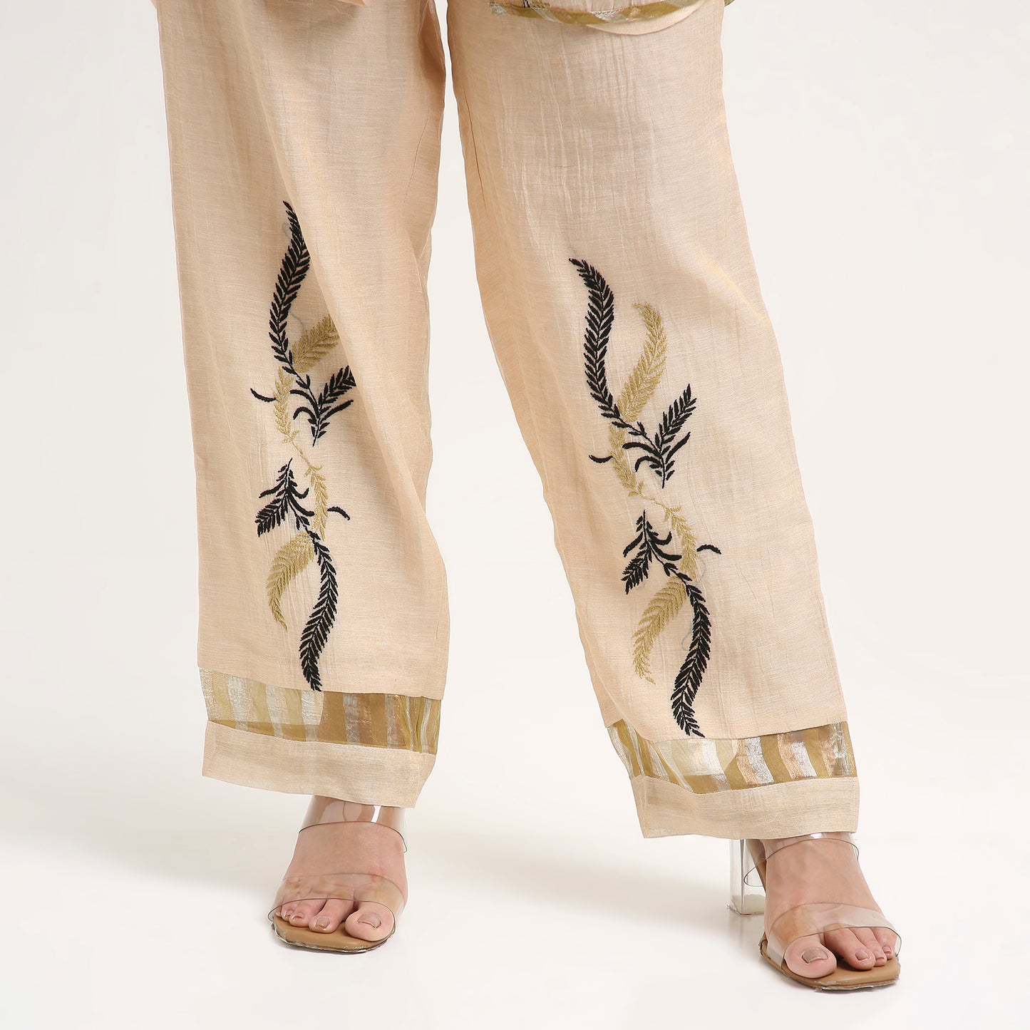 Chikankari Co ord in Champagne Tissue with Moss Green n Black embroidery