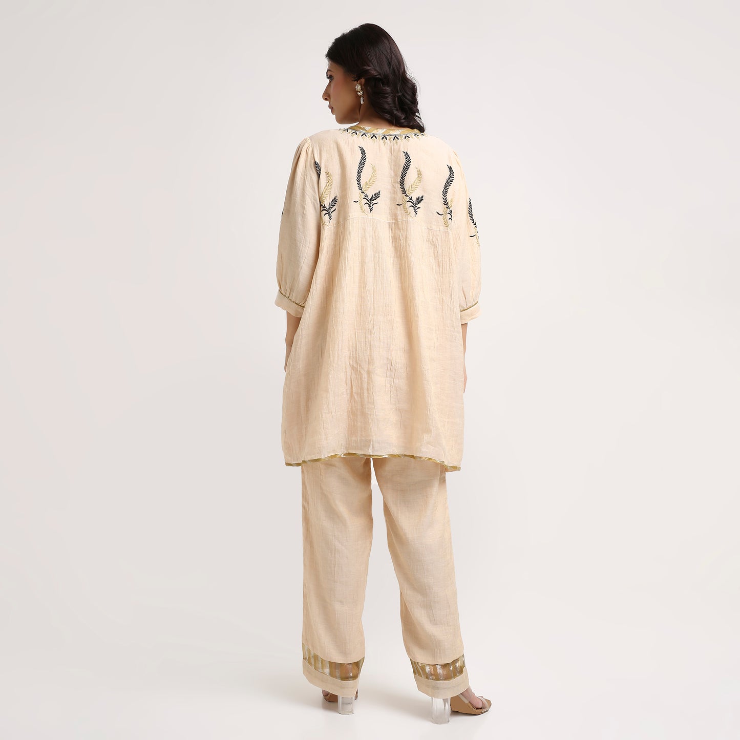 Chikankari Co ord in Champagne Tissue with Moss Green n Black embroidery