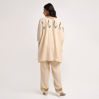 Chikankari Co ord in Champagne Tissue with Moss Green n Black embroidery