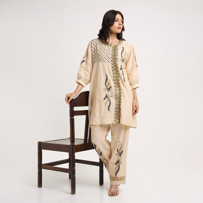 Chikankari Co ord in Champagne Tissue with Moss Green n Black embroidery
